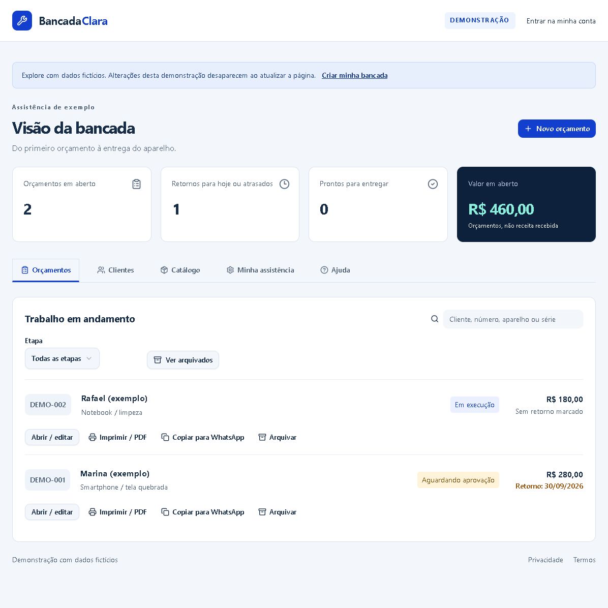Tela real do Bancada Clara com dados fictícios