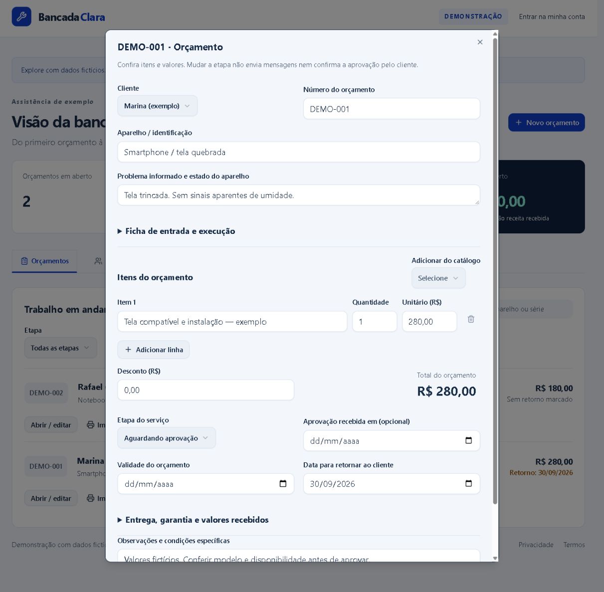 Tela real do Bancada Clara com dados fictícios