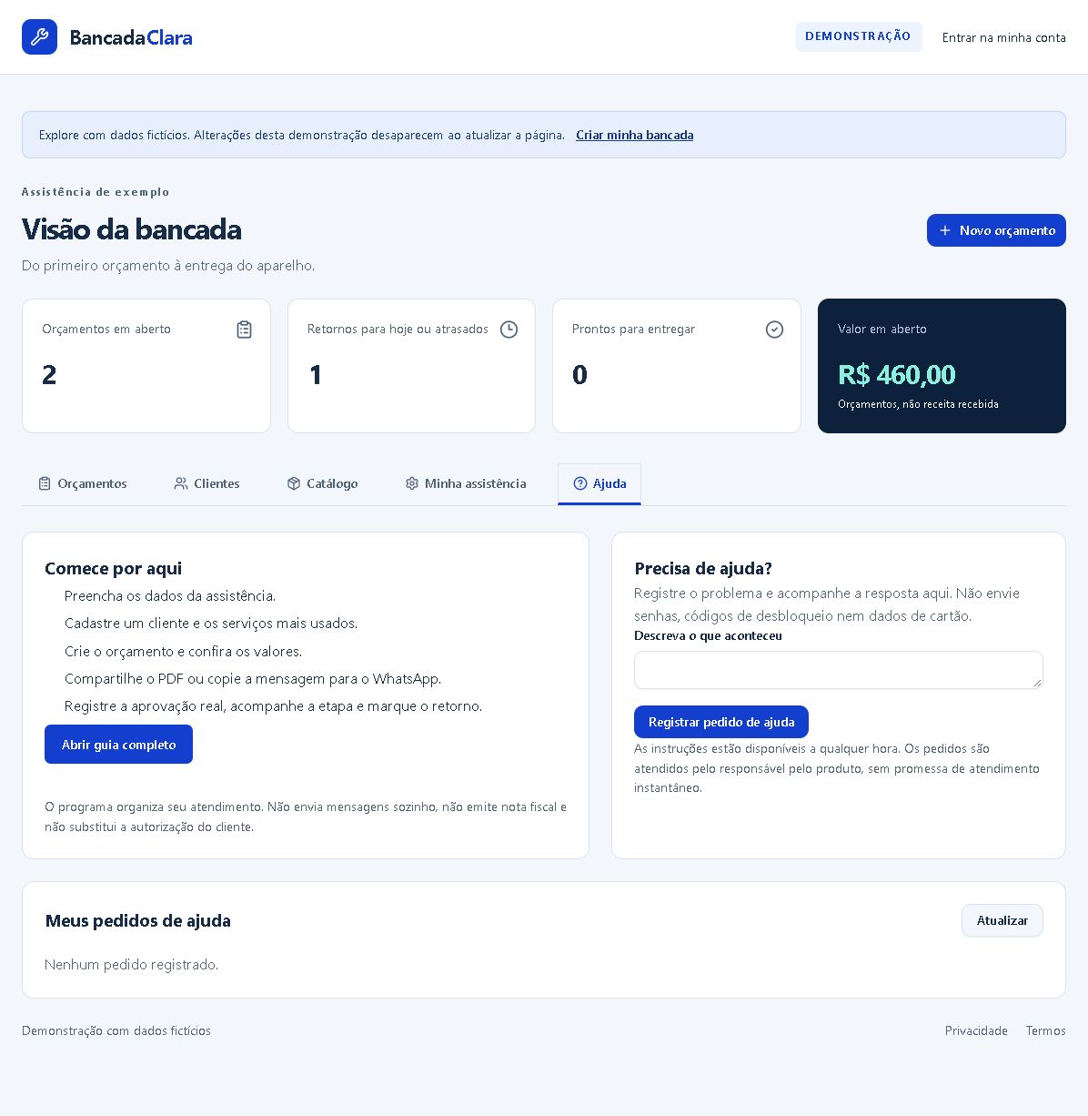 Tela real do Bancada Clara com dados fictícios